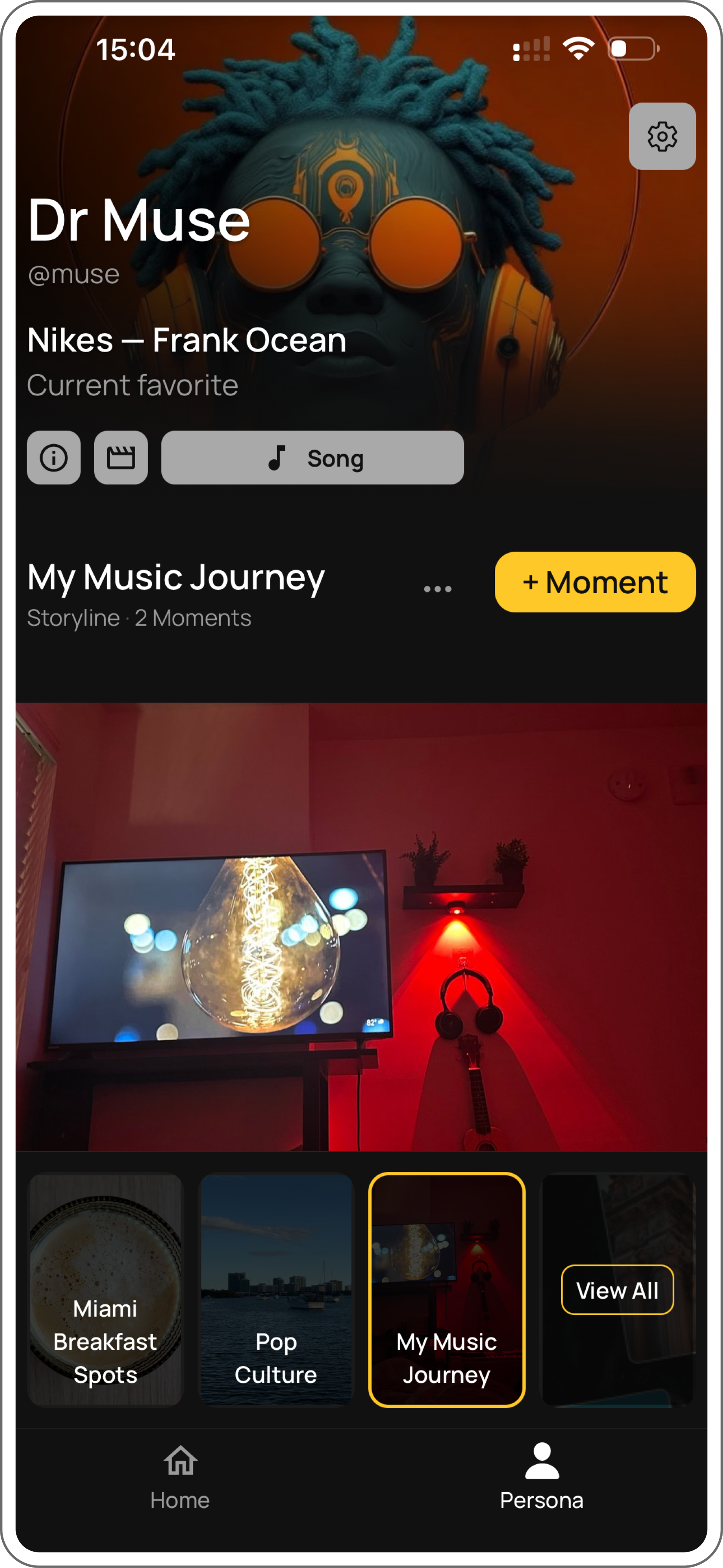 Dr Muse’s Persona, open to the My Music Journey Storyline: a room lit red around a glowing bulb, with Miami Breakfast Spots and Pop Culture below.