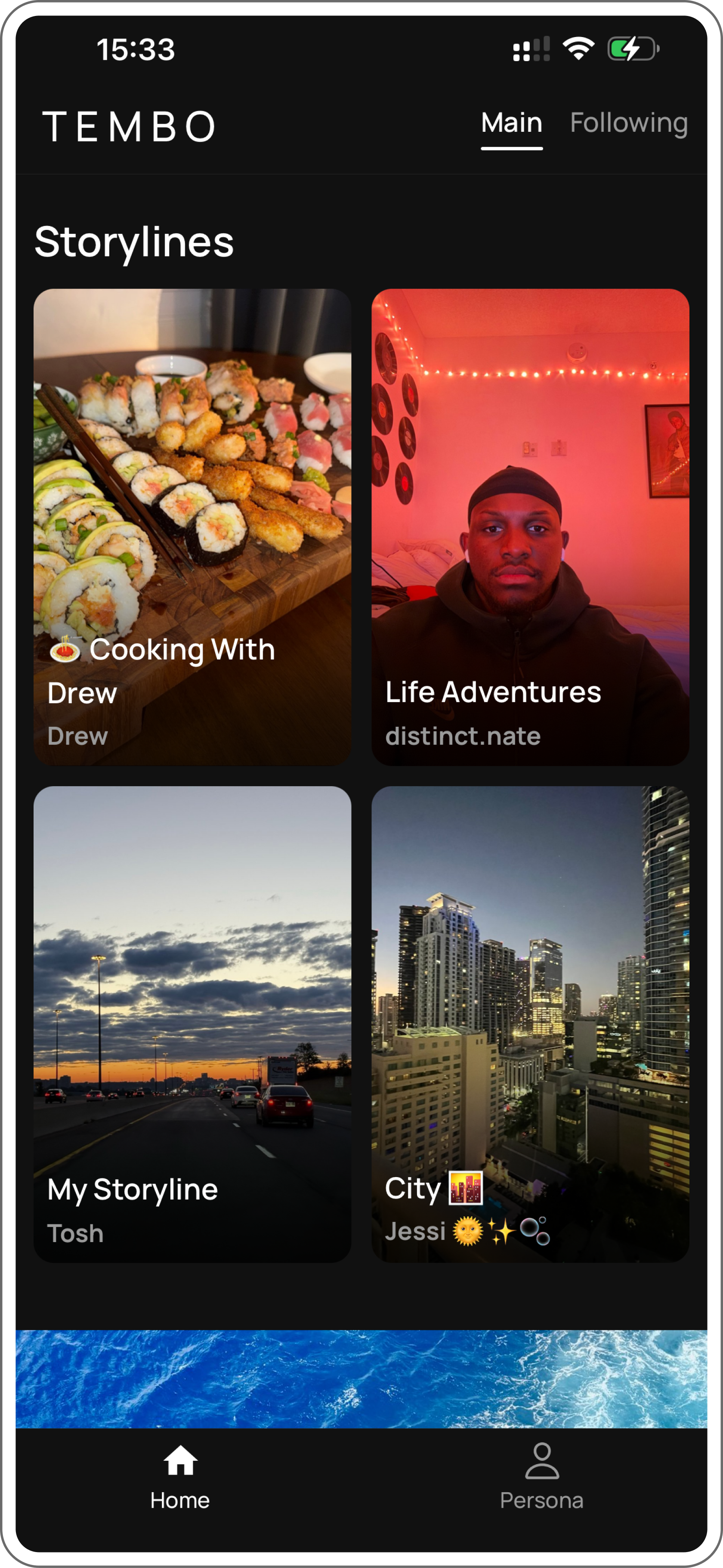 Tembo’s Main feed, a grid of Storylines with cover photos: Cooking With Drew, Life Adventures, My Storyline, and City.